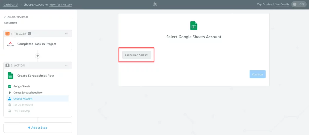 click connect an account on zapier