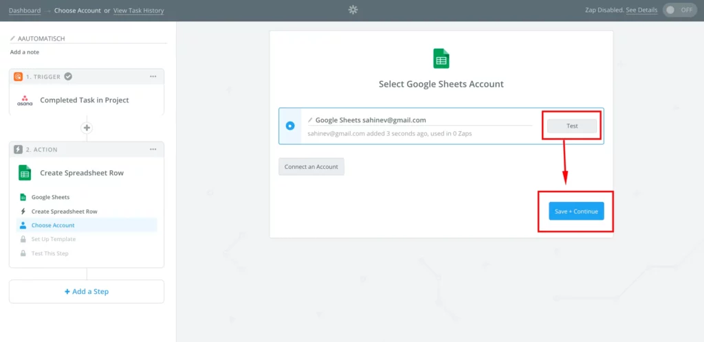 click test and save and continue buttons on zapier