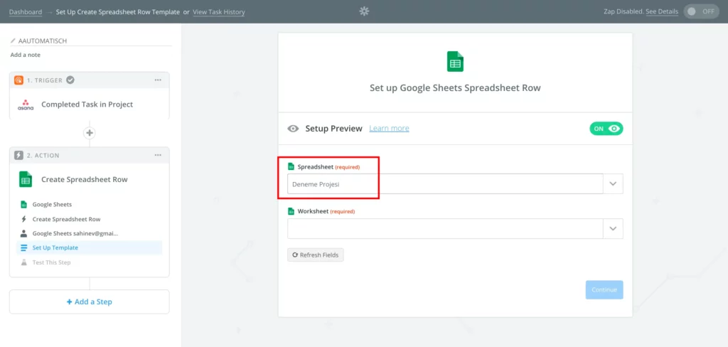 select deneme projesi spreadsheet created in step 4