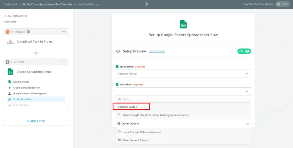 select deneme sayfasi sheet on zapier