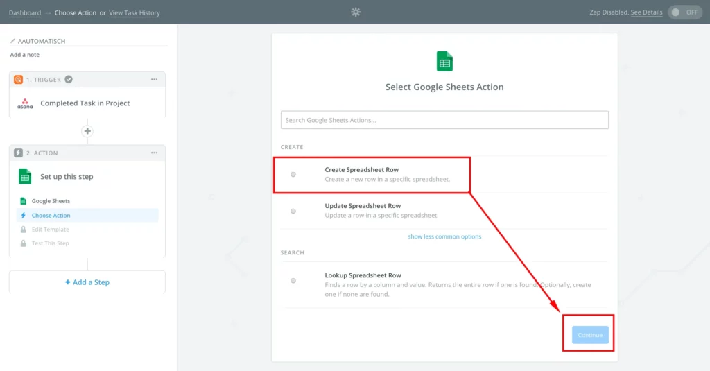 select spreadsheet row on zapier