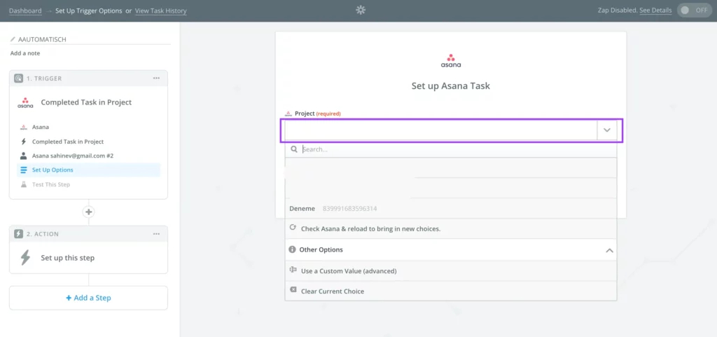 select your asana project on zapier