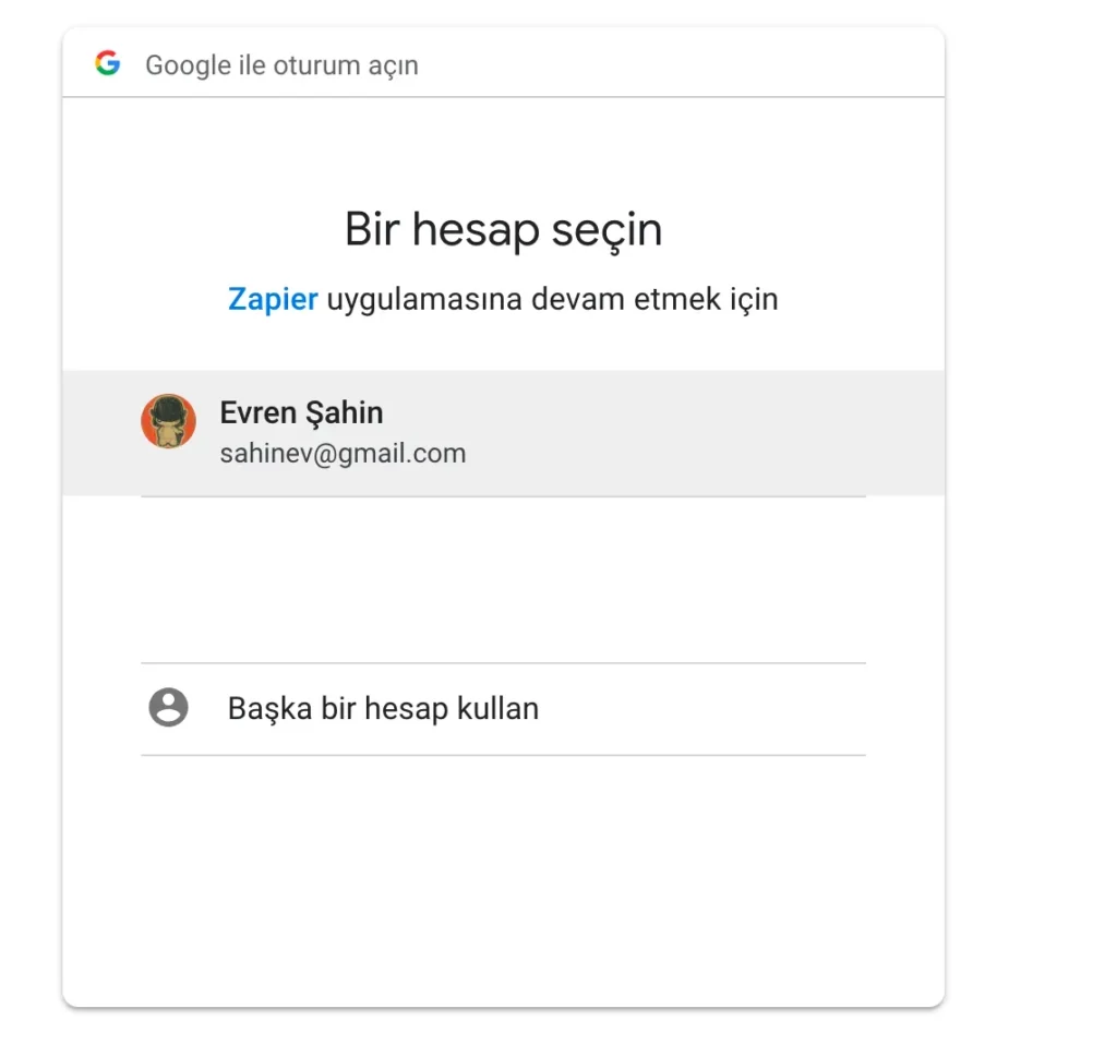select your google account on zapier