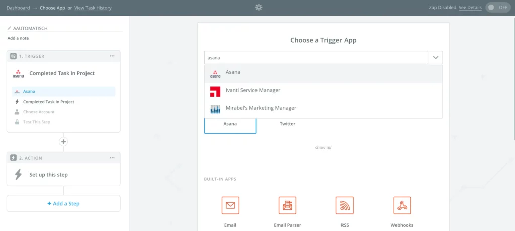 write asana in search box on zapier